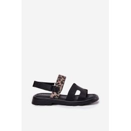 Odinės juodos moteriškos basutės su panteros rašto dirželiu