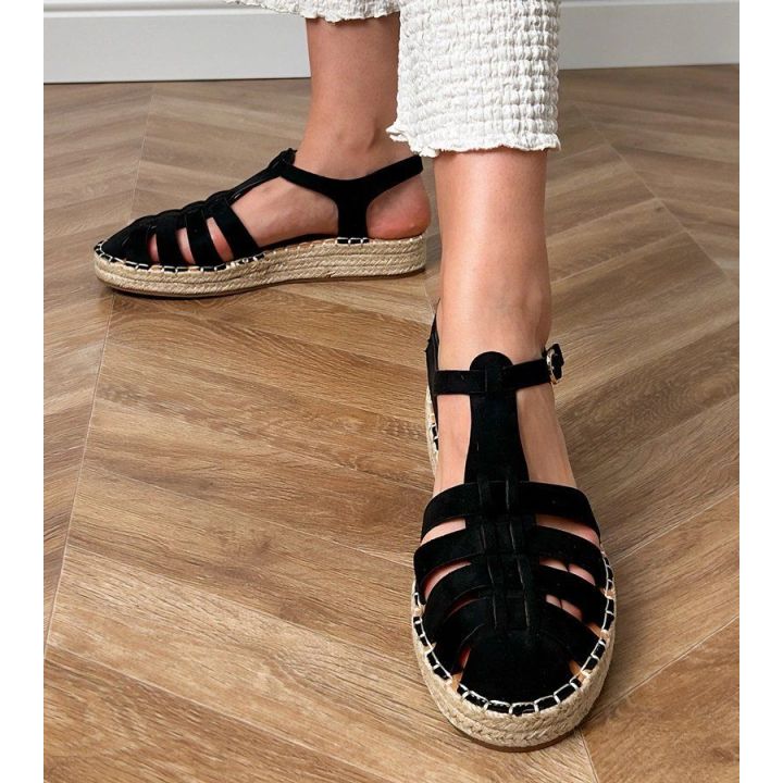 Juodi moteriški espadrilės tipo sandalai iš eko zomšos