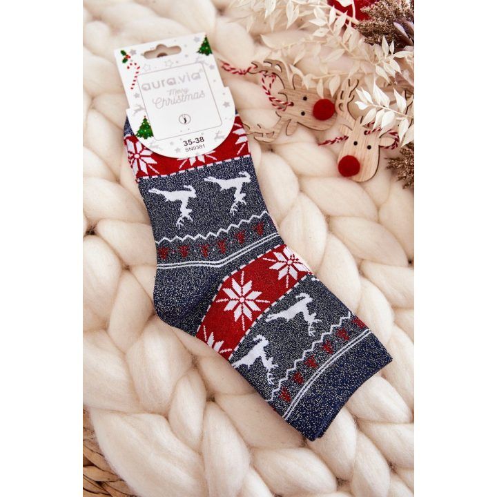 Moteriškos kalėdinės kojinės Shiny ReindeerNavy blue AURA.VIA