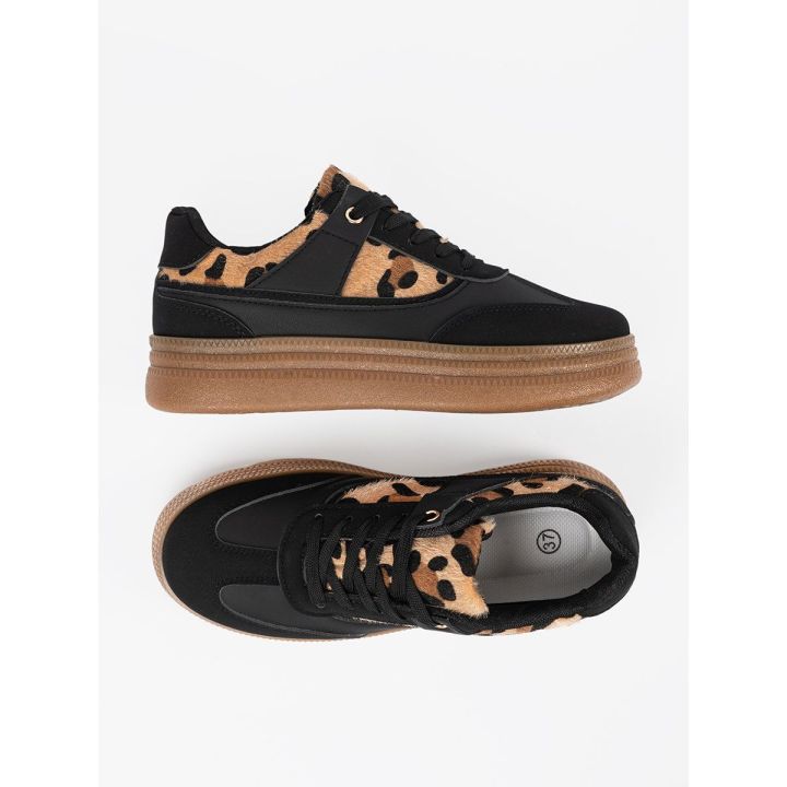 Moteriški juodi laisvalaikio batai su leopardo detalėmis