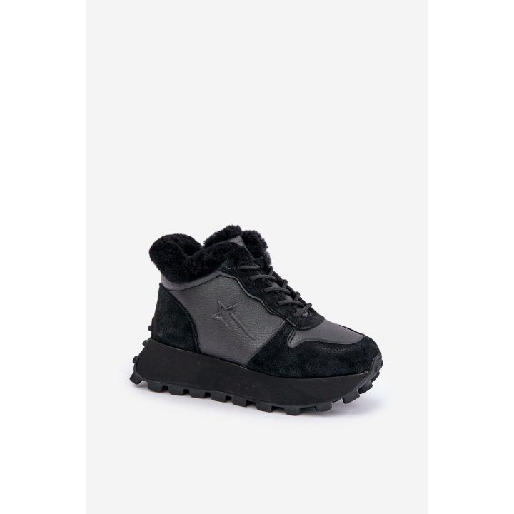 Odiniai sportbačiai su kailiniu aulu ant platformoje Big Star OO274A329 juodi BIG STAR SHOES