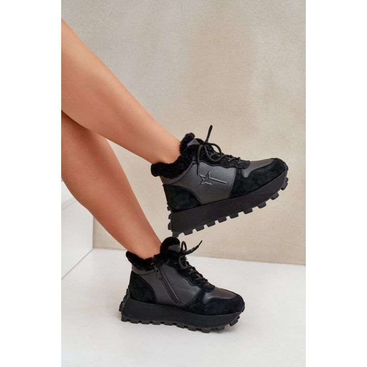 Odiniai sportbačiai su kailiniu aulu ant platformoje Big Star OO274A329 juodi BIG STAR SHOES