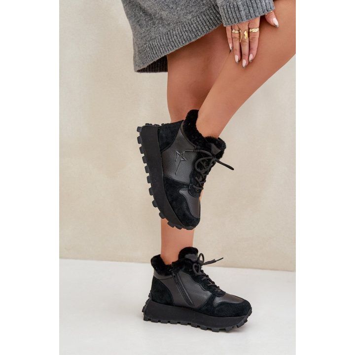 Odiniai sportbačiai su kailiniu aulu ant platformoje Big Star OO274A329 juodi BIG STAR SHOES