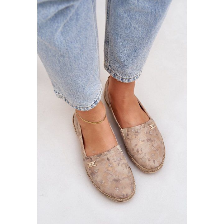 Elegantiškos moteriškos zomšinės espadrilės su gėlėmis, smėlio spalvos ZAZOO