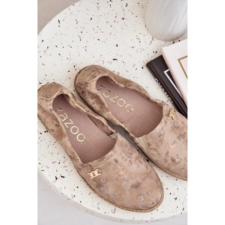 Elegantiškos moteriškos zomšinės espadrilės su gėlėmis, smėlio spalvos ZAZOO