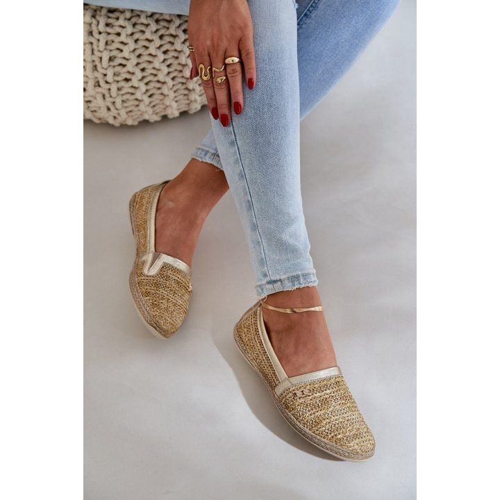 Elegantiškos odinės espadrilės su pynimu smėlio-aukso spalvos ZAZOO