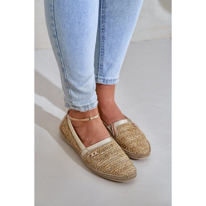 Elegantiškos odinės espadrilės su pynimu smėlio-aukso spalvos ZAZOO