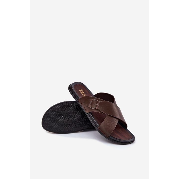 Rudos odinės šlepetės vyrams su sagtimi BIG STAR SHOES