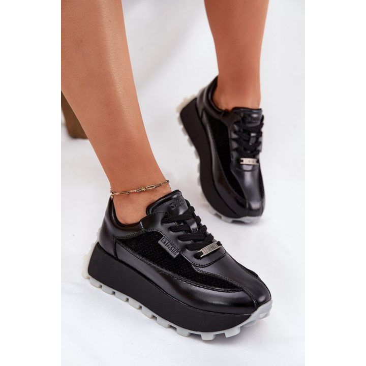 Juodi odiniai moteriški sportiniai bateliai su platforma BIG STAR SHOES