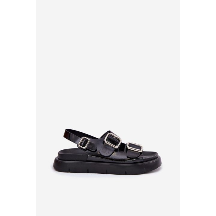 Odinės juodos moteriškos basutės su sagtimis BIG STAR SHOES