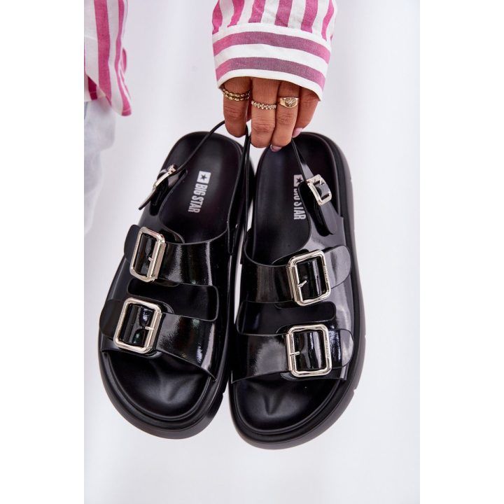 Odinės juodos moteriškos basutės su sagtimis BIG STAR SHOES