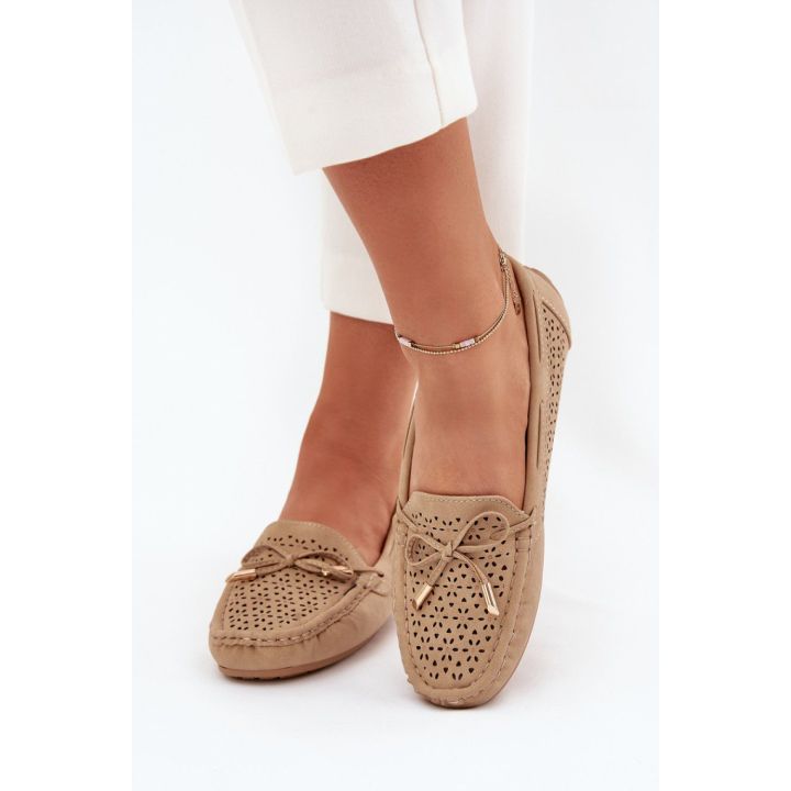 Mokasinai smėlio spalvos odiniai su skylutėmis kasdienai Ideal Shoes