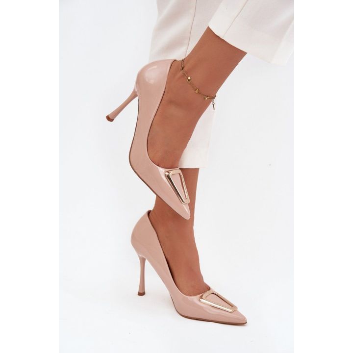 Aukštakulniai moteriški smėlio lakinės odos su auksiniu akcentu Paivelle