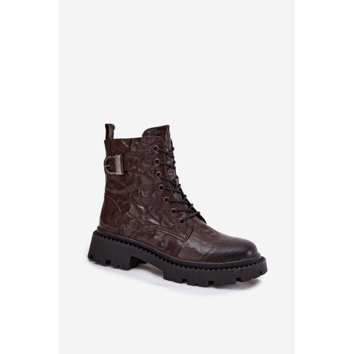 Tamsiai rudi moteriški auliniai batai su raišteliais