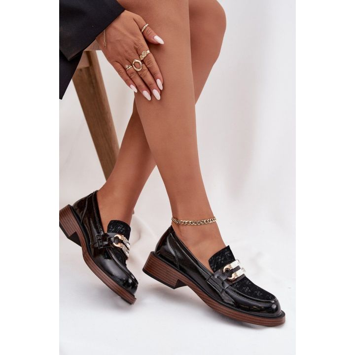 Leather Lacquered Ladies Moccasins With Separate Detail D&A MR52-173 Black