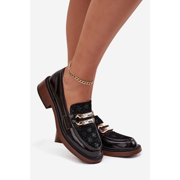 Leather Lacquered Ladies Moccasins With Separate Detail D&A MR52-173 Black