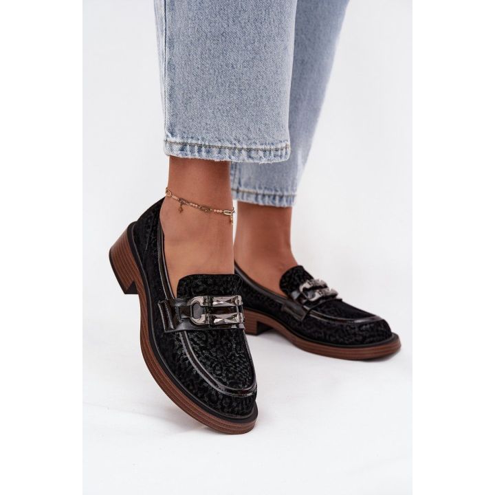 Suede Women's Loafers with Decoration D&A MR52-176 Black