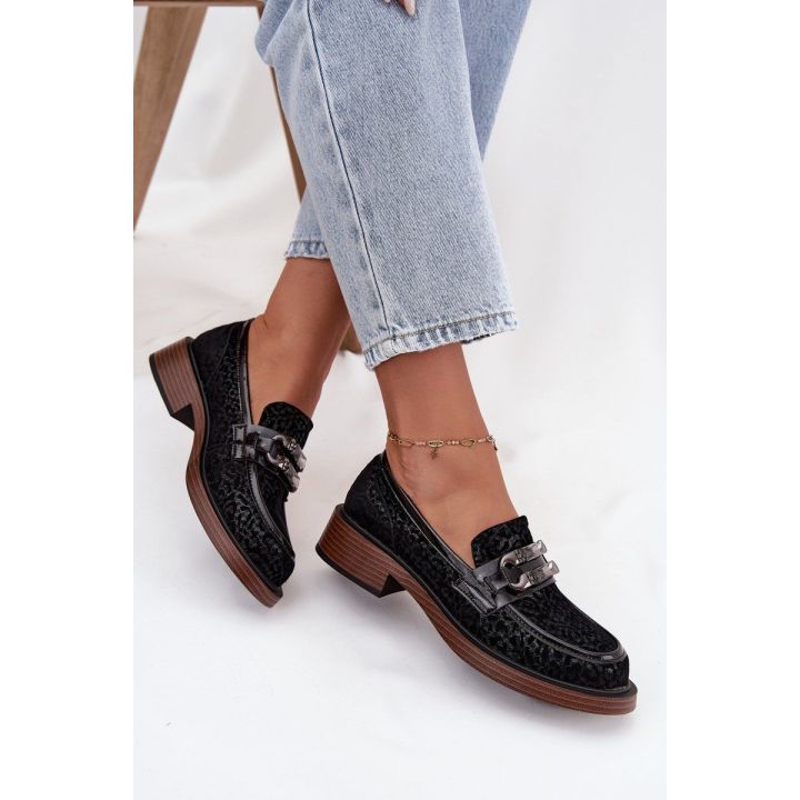 Suede Women's Loafers with Decoration D&A MR52-176 Black
