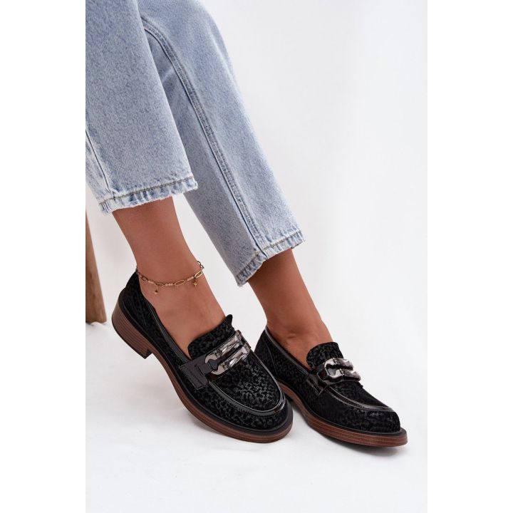 Suede Women's Loafers with Decoration D&A MR52-176 Black