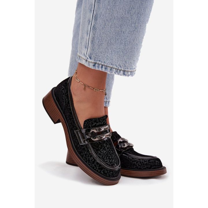Suede Women's Loafers with Decoration D&A MR52-176 Black