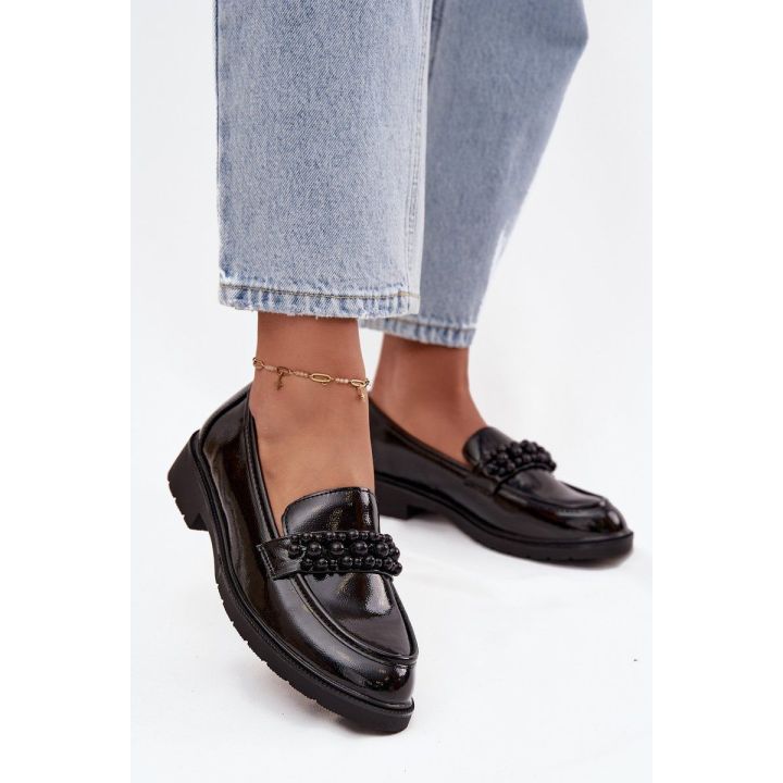 Women's Patent Loafers With Beads S.Barski HY52-541 Black