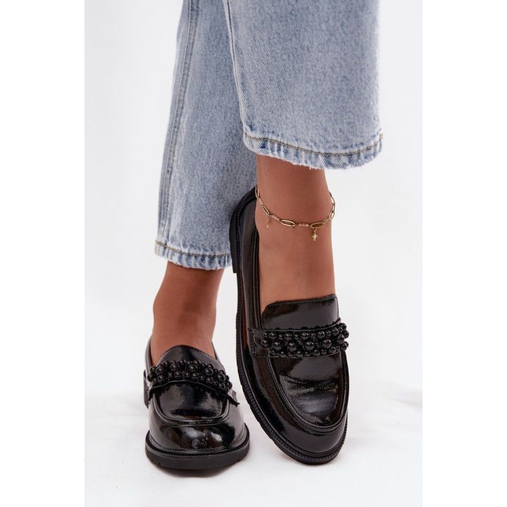 Women's Patent Loafers With Beads S.Barski HY52-541 Black