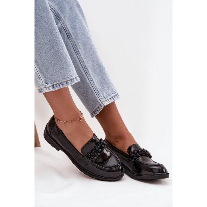 Women's Patent Loafers With Beads S.Barski HY52-541 Black