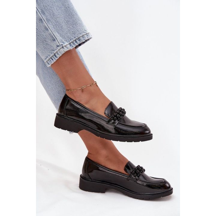 Women's Patent Loafers With Beads S.Barski HY52-541 Black