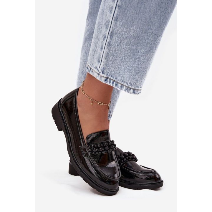 Women's Patent Loafers With Beads S.Barski HY52-541 Black
