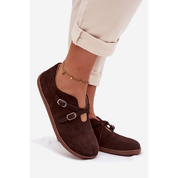 Moteriški zomšiniai loafers batai su dirželiais Zazoo rudi