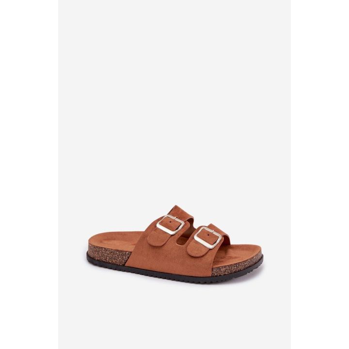 Moteriškos šlepetės su sagtimis Oliena camel spalvos