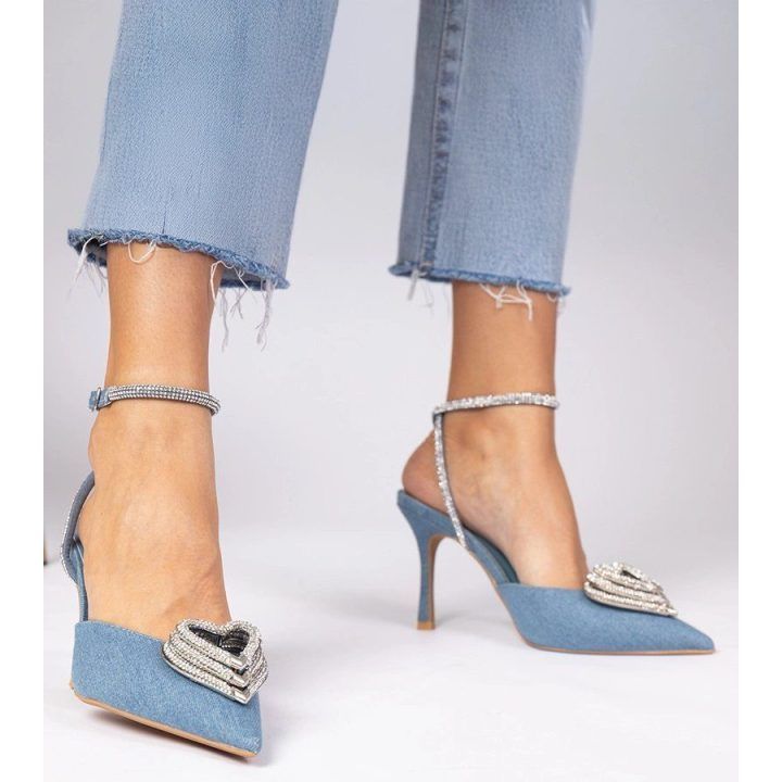 Mėlyni aukštakulniai bateliai su atvira kulno dalimi ir cirkoniais Isoda