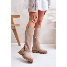 Ilgaauliai batai virš kelių su užtrauktuku ir dirželiu, smėlio spalvos Step in style