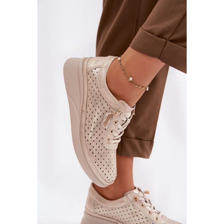 Ażurowi odiniai moteriški loafers Vinceza 79603 auksinės spalvos