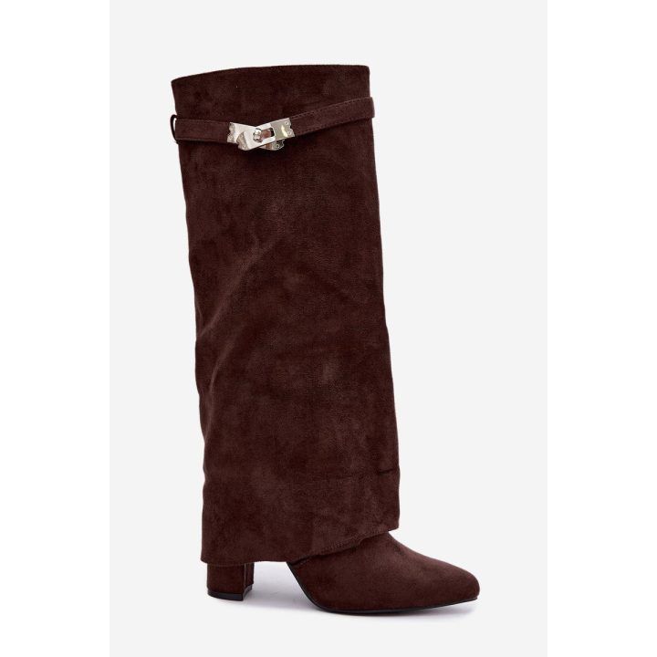 Moteriški ilgaauliai batai su atlenktu aulu, šokolado spalvos