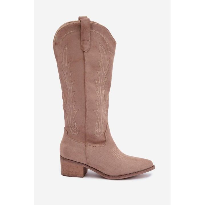 Ilgaauliai batai su kaubojišku stiliumi, smėlio spalvos