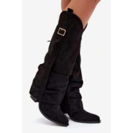 Juodi ilgaauliai batai virš kelių su zomšos imitacija Step in style