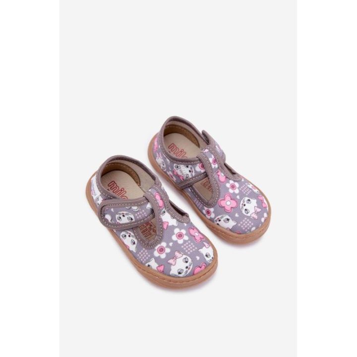 Mergaitiškos barefoot šlepetės su katėmis ir lipduku, pilkos
